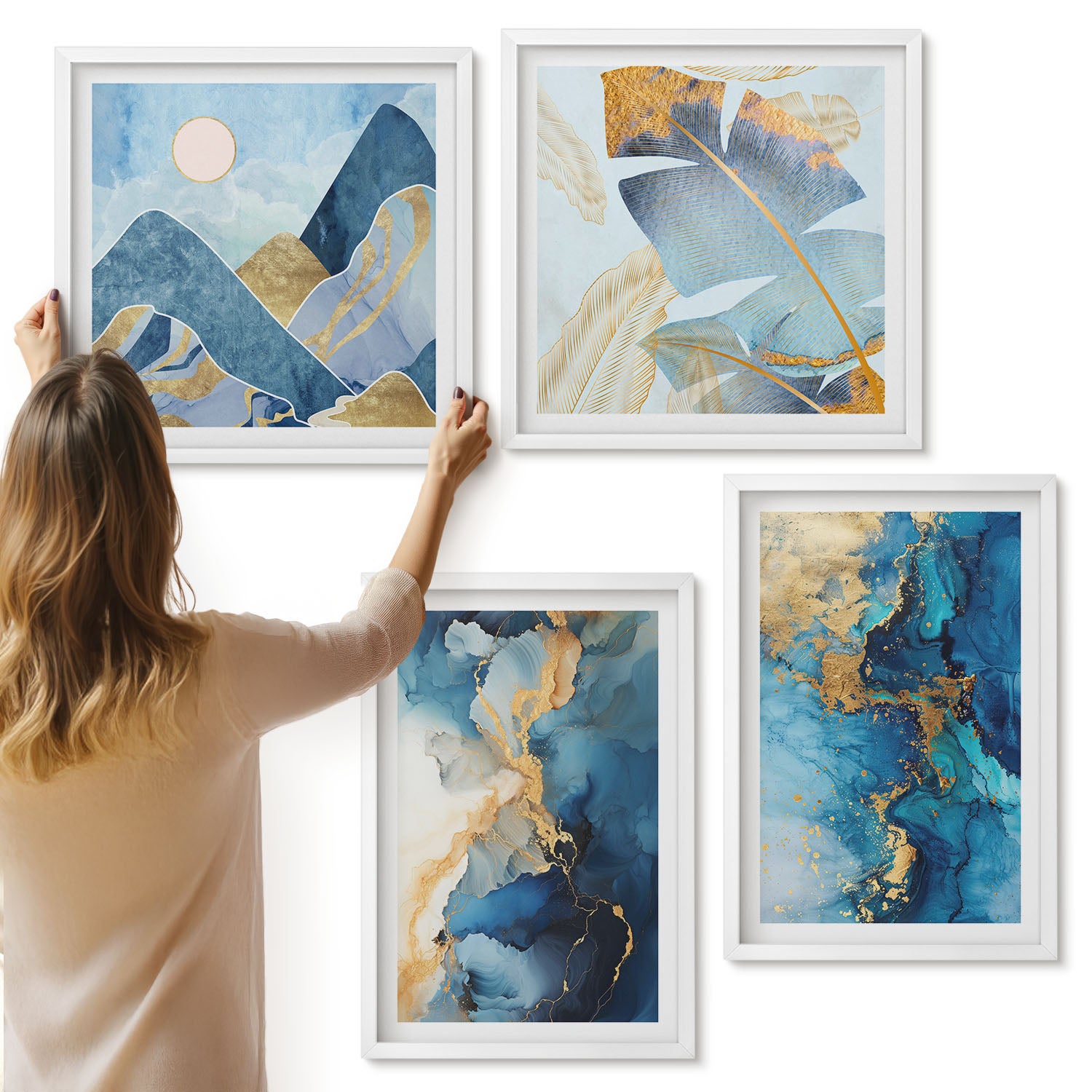 Galeria ścienna 4-częściowy komplet obrazów w białych ramach - Niebieskie góry abstrakcyjne wzory - ArtPrintCave