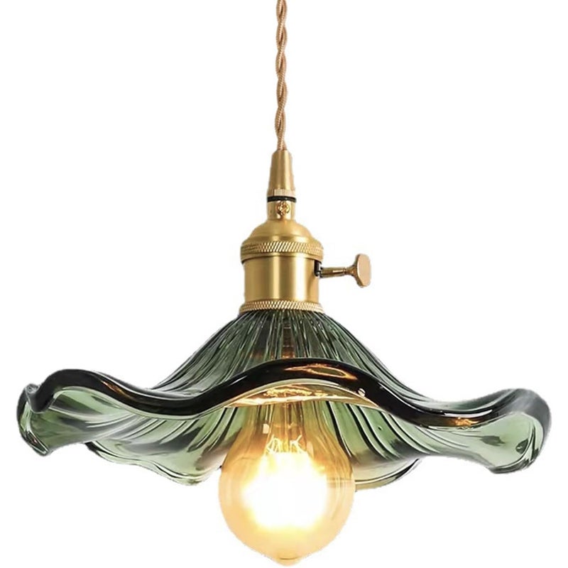 Żyrandol szklany w kształcie liścia lotosu, styl retro industrialny, oprawka E27, lampa sufitowa, lampa wisząca (zielona)