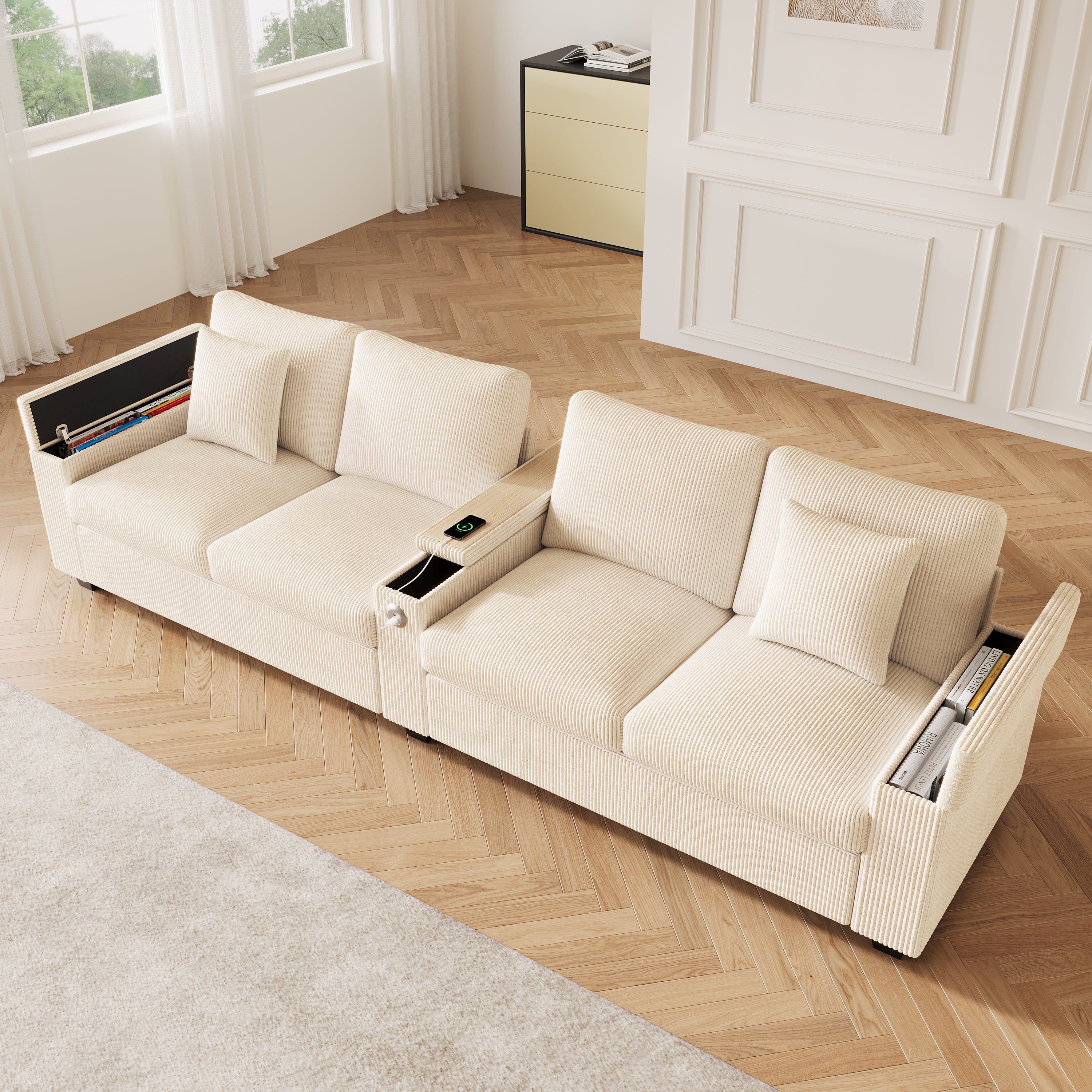 Sofa 4-osobowa z miejscem do przechowywania i portami USB/USB-C - 299 x 80 x 82,7 cm - sztruks - beż