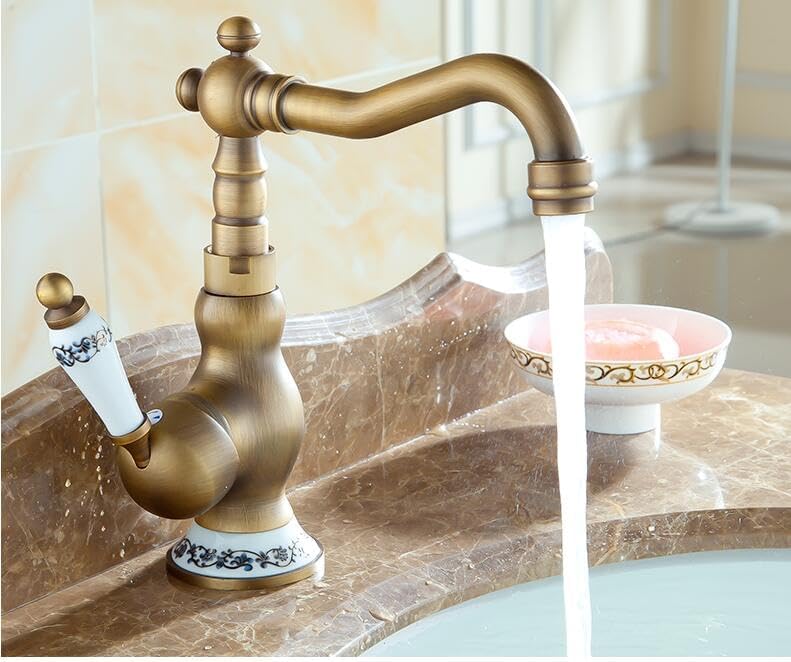 Zabytkowy kran kuchenny, bateria mieszaczowa z obrotowym 360° ceramicznym uchwytem i brązową wylewką