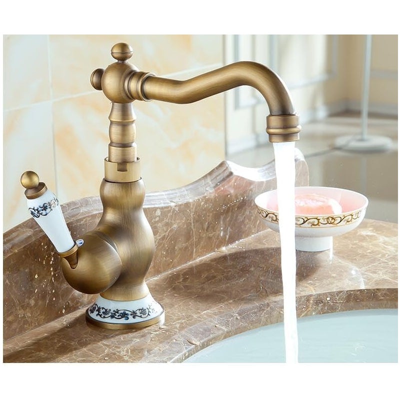 Zabytkowy kran kuchenny, bateria mieszaczowa z obrotowym 360° ceramicznym uchwytem i brązową wylewką