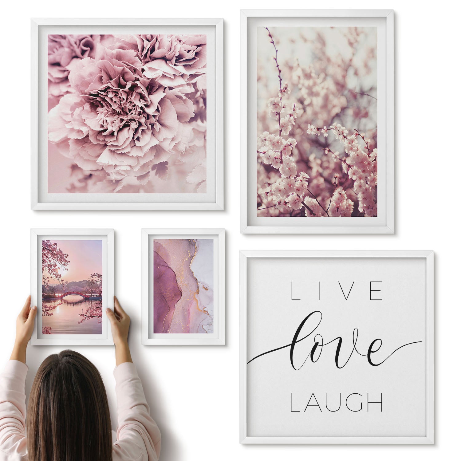 Galeria ścienna 5-częściowy komplet obrazów w białych ramach - Kwiatowe motywy z inspirującymi hasłami w pastelowych tonach - ArtPrintCave
