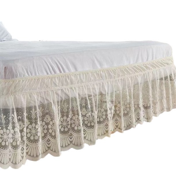 Koronkowa narzuta na łóżko Queen 150 x 200 cm, wysokość 38 cm, łatwa w montażu narzuta z falbanami, narzuta owijana, beżowa