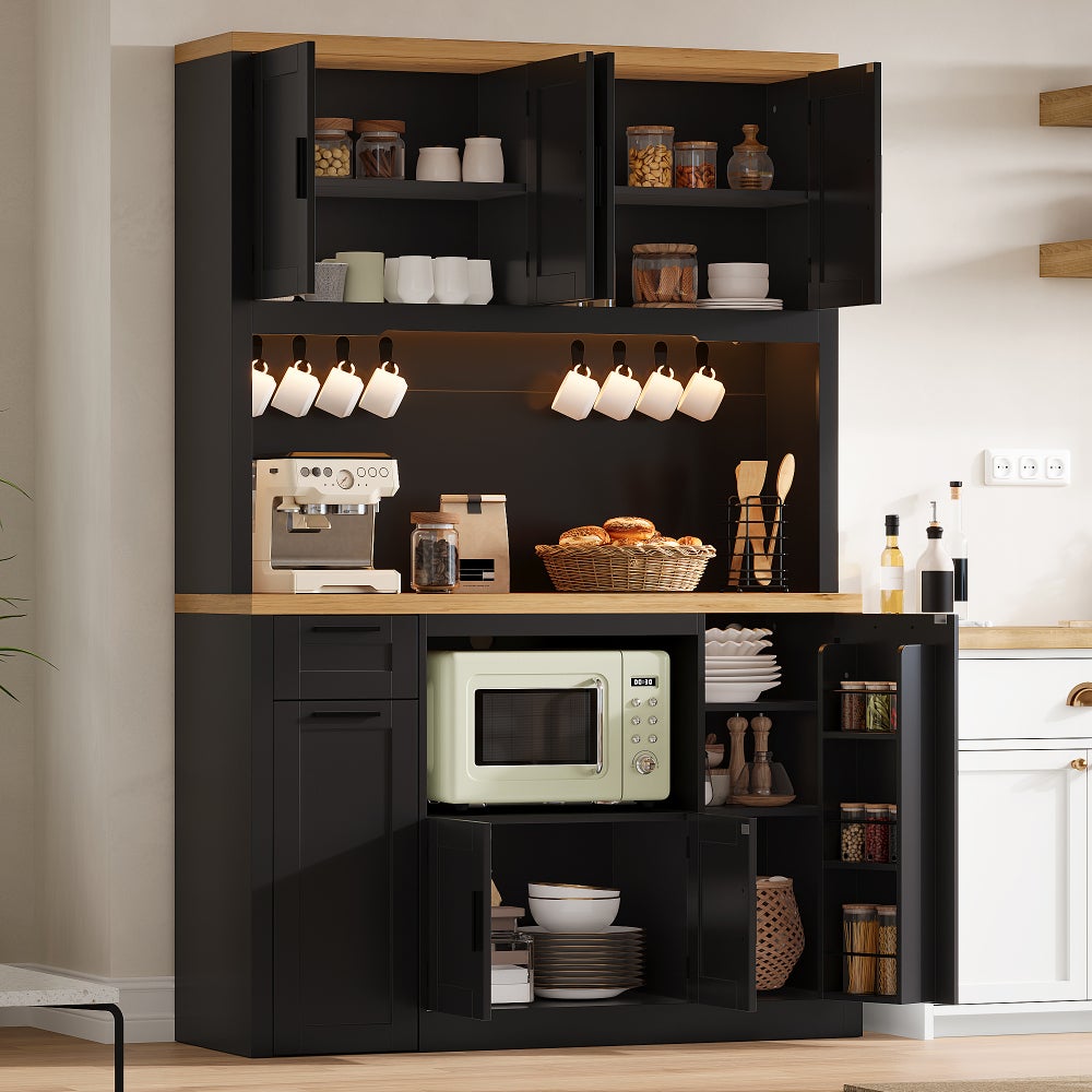 Wysoka szafka kuchenna MDF z LED, gniazdkami, 3 szufladami, regulowanymi półkami i witryną, 120 x 40 x 182 cm