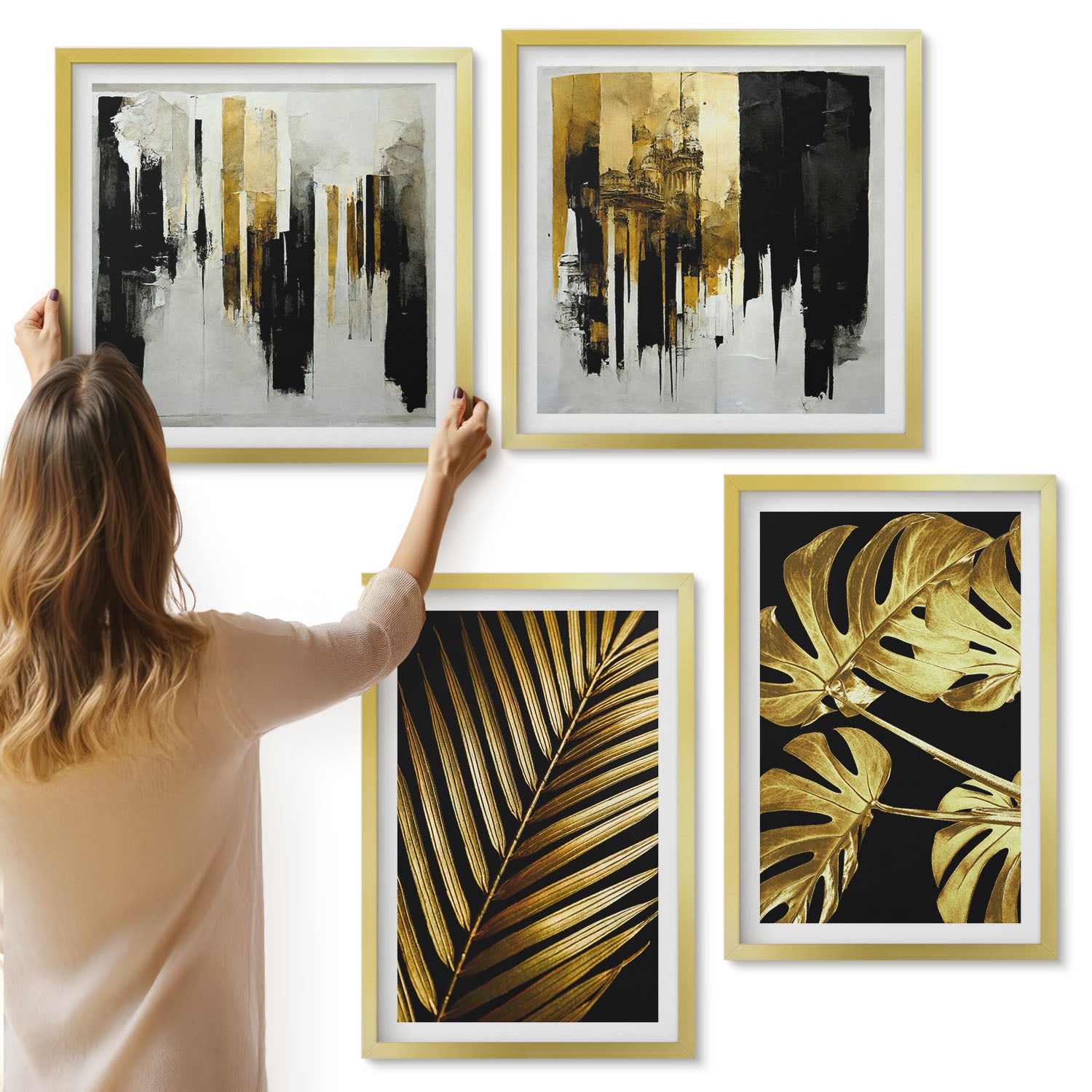 Galeria ścienna 4-częściowy komplet obrazów w złotych ramach - Liście palmowe liście monstery eleganckie abstrakcje - ArtPrintCave