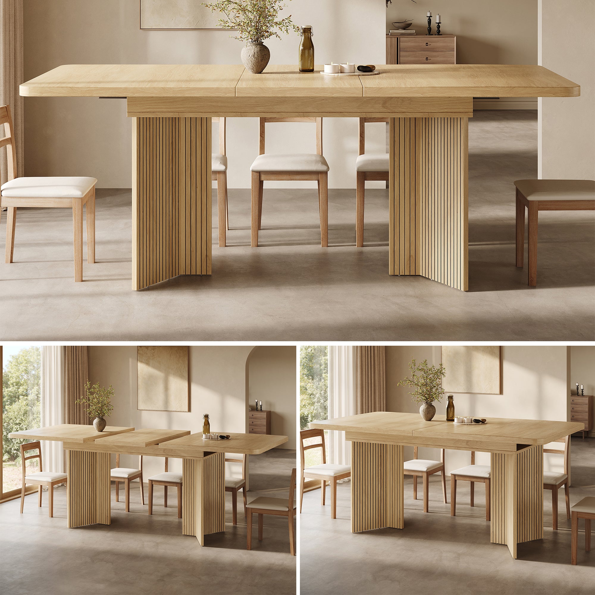 Prostokątny rozkładany stół jadalny z pionowymi, rowkowanymi nogami w kształcie litery V - MDF i metal - 120/160 x 80 x 76,1 cm - Jasny dąb