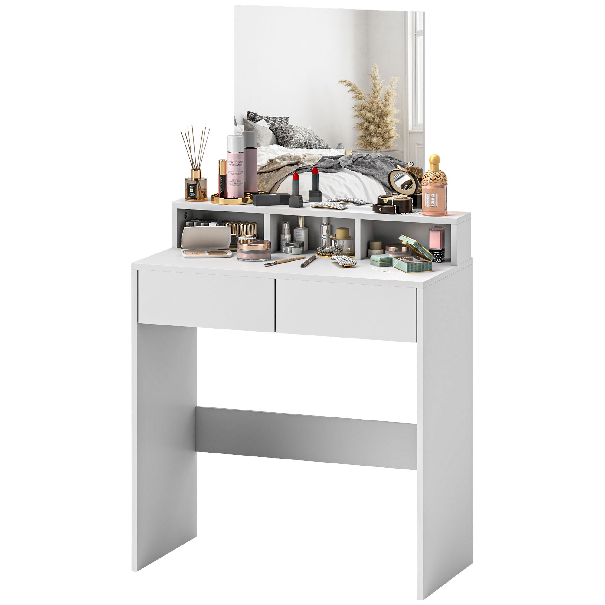 Toaletka z lustrem, toaletka do makijażu z 2 szufladami i 3 przegródkami, styl nowoczesny, 75 x 38 x 135 cm, kolor biały