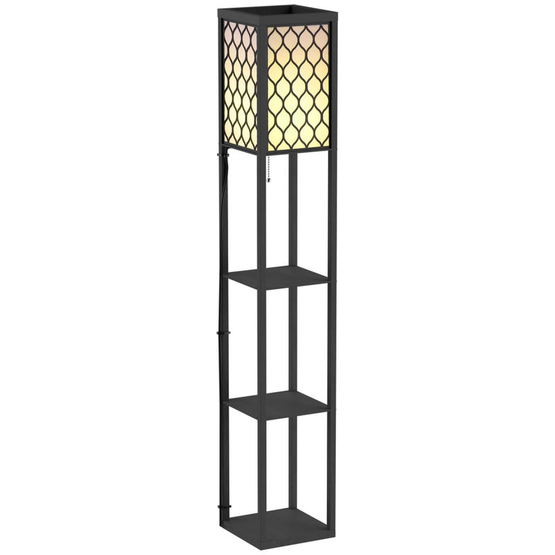 Lampa podłogowa z półką, 26 dł. x 26 szer. x 160 wys. cm, 4 poziomy, płyta MDF w kolorze czarnym, wzór plastra miodu