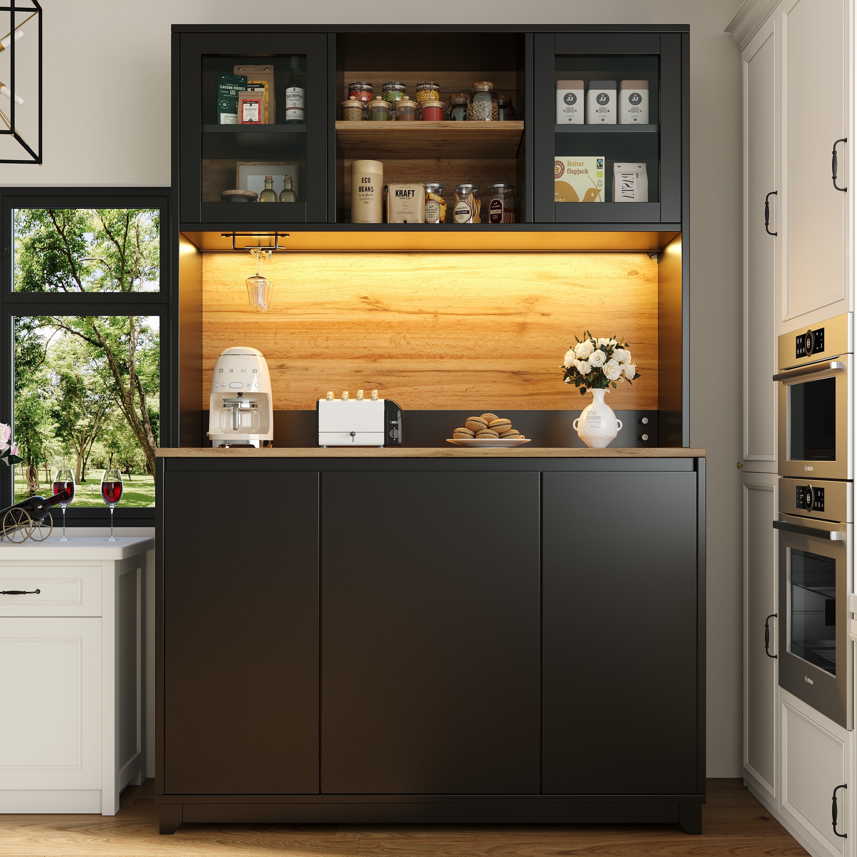 Kredens kuchenny z 3 drzwiami drewnianymi i 2 drzwiami akrylowymi - 120 x 40 x 180 cm - LED - MDF - do kuchni, jadalni - czarny