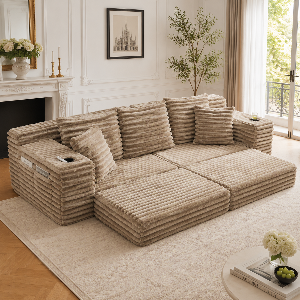 Sofa 273 x 98 x 87cm, welur, do salonu, do codziennego użytkowania, funkcjonalny element wyposażenia