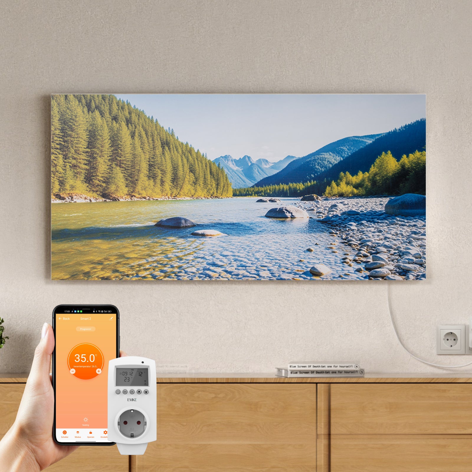 EMKE Grzejnik na podczerwień z grafiką 1200 W z programowalnym termostatem Wi-Fi, 119,5 x 59,5 cm, bez ramy