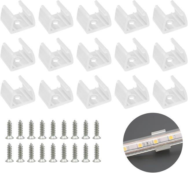 Białe klipsy mocujące do taśm LED, 50 sztuk, uchwyty montażowe do neonów LED, w zestawie śruby do silikonowych taśm LED neonowych o średnicy od 12 mm