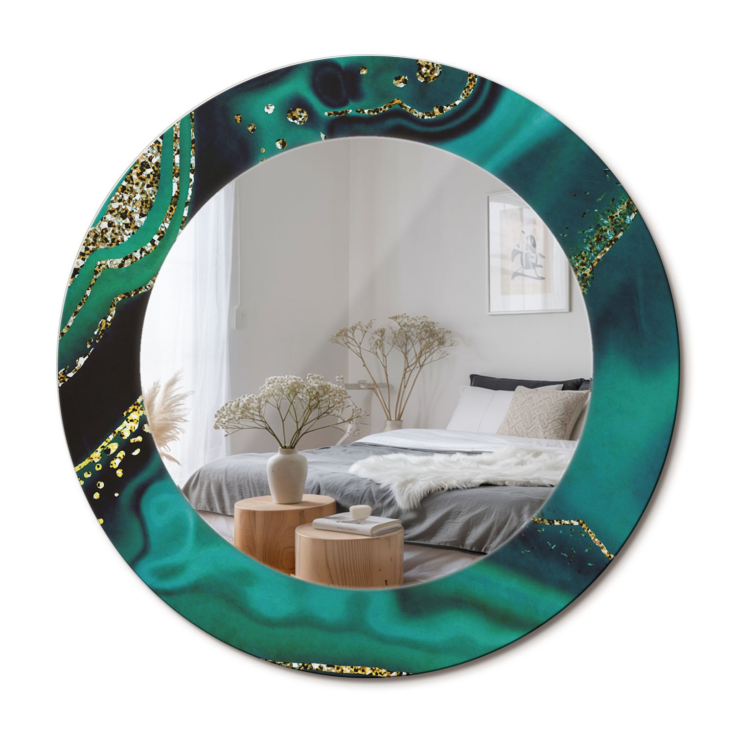 Stylowe lustro okrągłe z grafiką na szklanej ramie Szmaragdowy marmur - 50 cm - ArtPrintCave