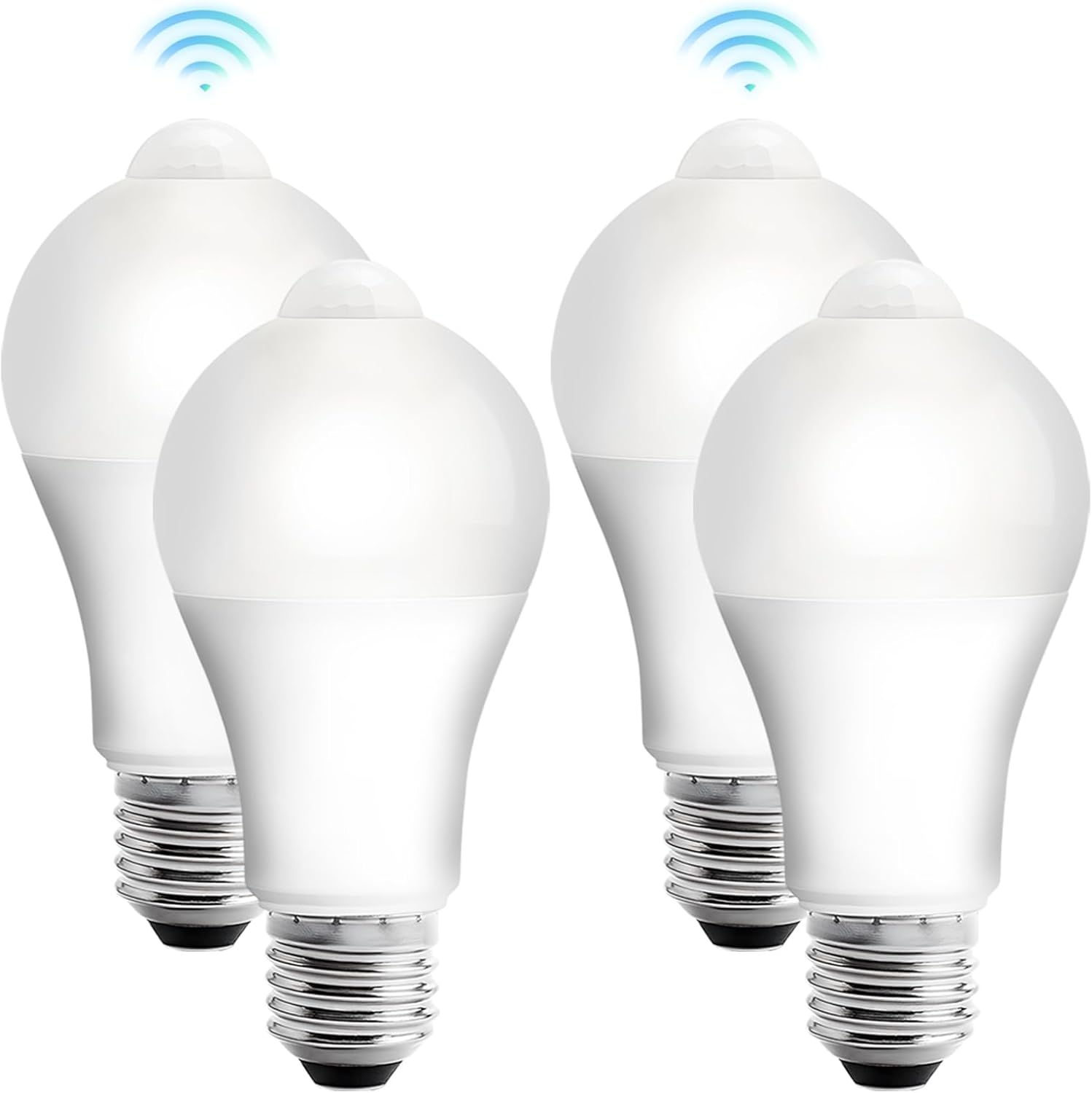 Zestaw 4 żarówek LED E27 z czujnikiem ruchu PIR, 12 W, zimna biel 3000 K, energooszczędne oświetlenie do przedpokoju, garażu, klatki schodowej