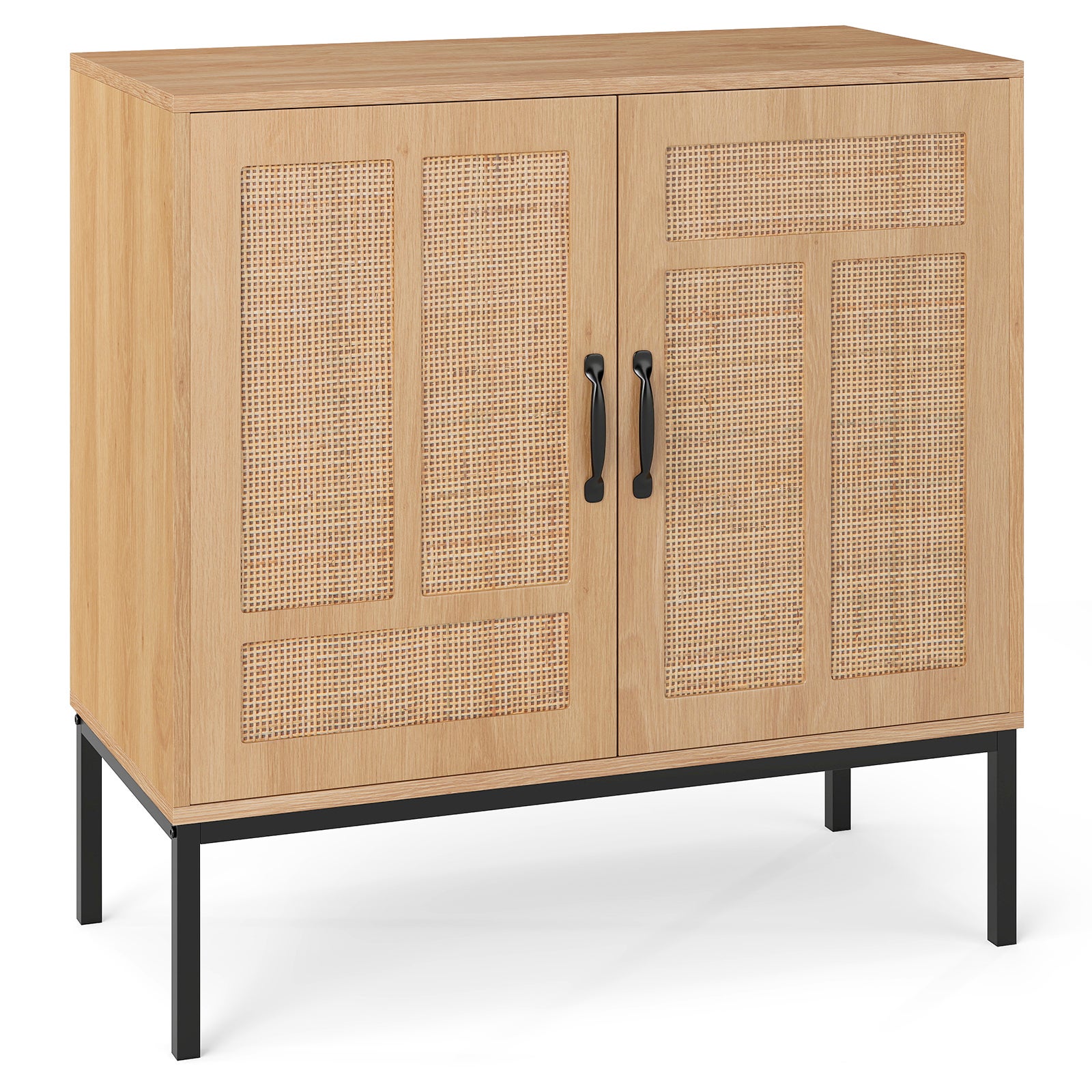 Dwudrzwiowa komoda z regulowaną półką w 3 pozycjach, drzwi z rattanu, mebel pomocniczy w stylu bohemy 80 x 38 x 81 cm do kuchni, salonu, naturalny