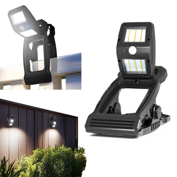 Lampa solarna Clip 360° obrotowa - czujnik ruchu, IP65 wodoodporna, biała, LED do ogrodu/na płot (przenośna na biwak)