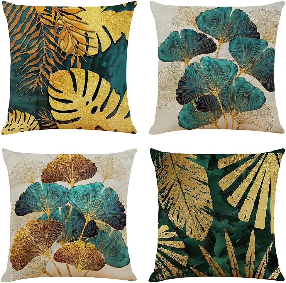 Zestaw 4 poszewek na poduszki 45x45 cm, kwadratowe, z zielonymi i złotymi liśćmi. Lniane poszewki na poduszki do sofy, do salonu.