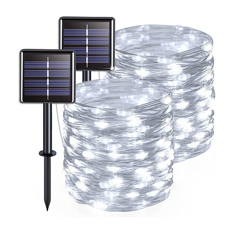 Lampki solarne – 2 zewnętrzne lampki choinkowe, drut miedziany, wodoodporne, 42 metry na lampkę, 400 diod LED (białe światło)