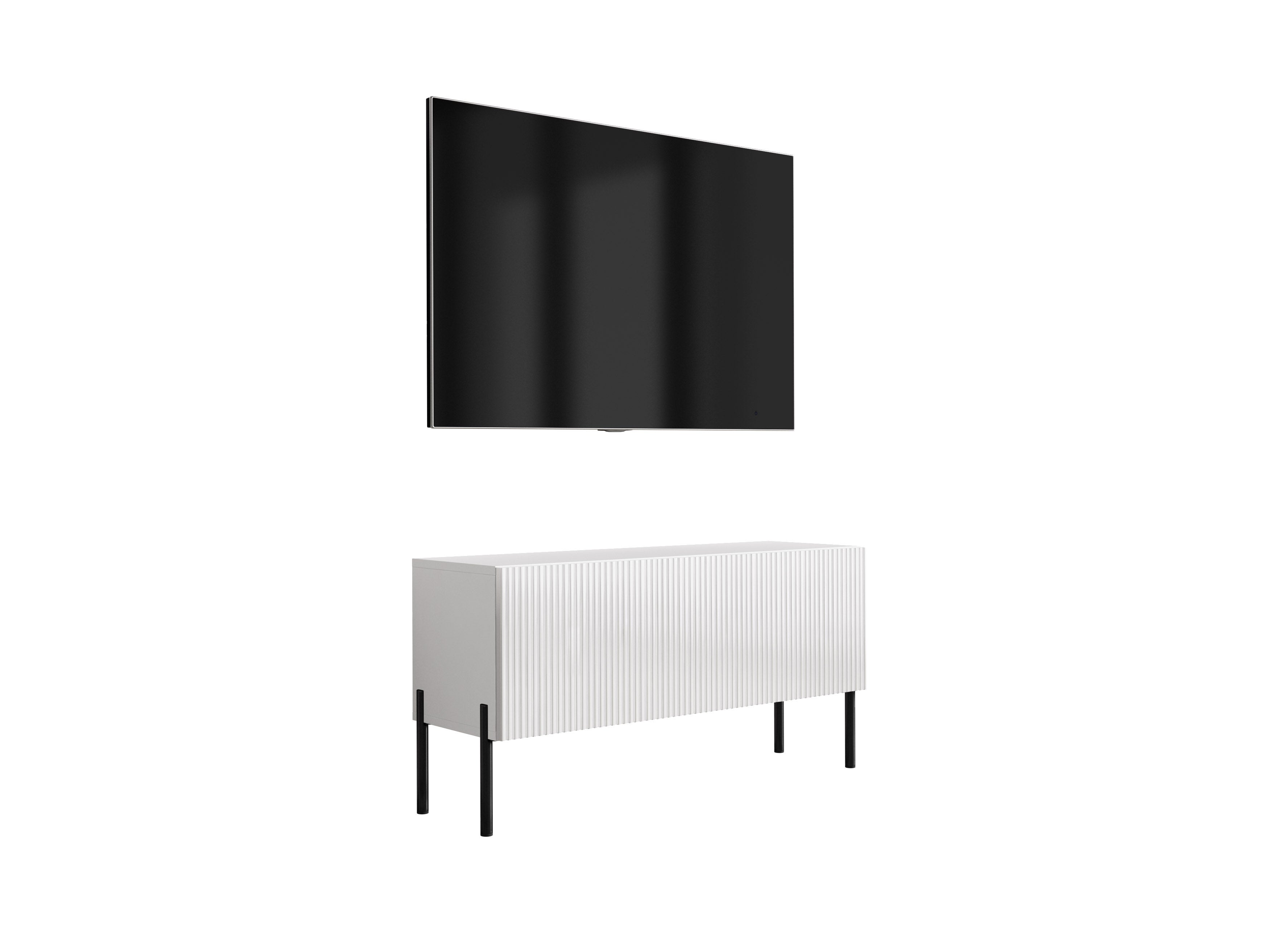Szafka pod telewizor z ryflowanym frontem 100, Biały Mat, nóżki proste czarne, 100 × 32 × 52 cm