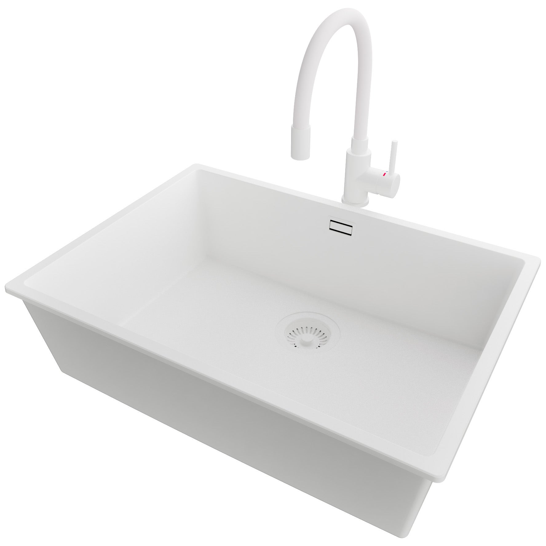 Zlewozmywak Granitowy Cały Biały 66x47cm, Zlew Kuchenny 1 Komorowy + Bateria 38x14cm + Syfon, Nablatowy do szafki od 70cm - Londyn Slim PRIMAGRAN