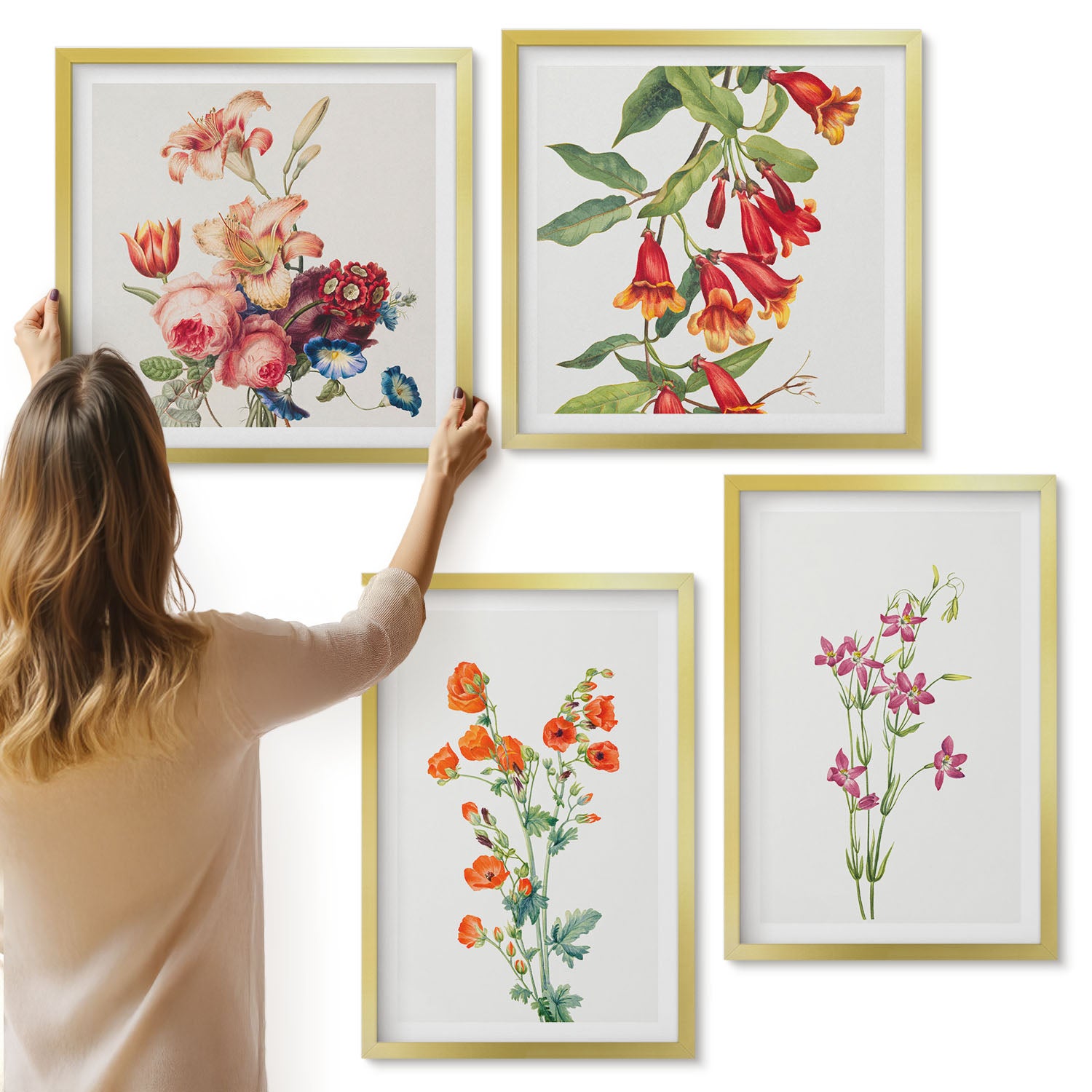 Galeria ścienna 4-częściowy komplet obrazów w złotych ramach - Malunek kwiatów w stylu vintage retro - ArtPrintCave