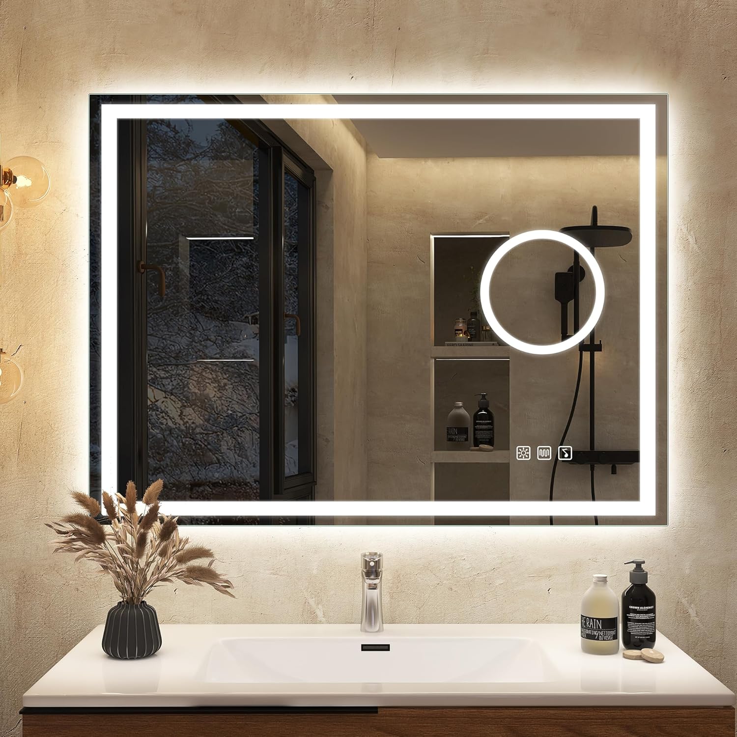 Lustro łazienkowe Bluetooth 80x60 cm z oświetleniem i 5-krotnym powiększeniem | Bezramowe, z podkładką przeciwmgielną, 3 kolory światła, IP44