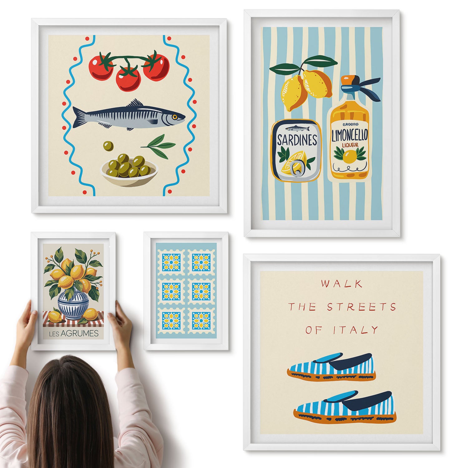 Galeria ścienna 5-częściowy komplet obrazów w białych ramach - Kuchenne inspiracje z Włoch cytrusy i owoce morza - ArtPrintCave
