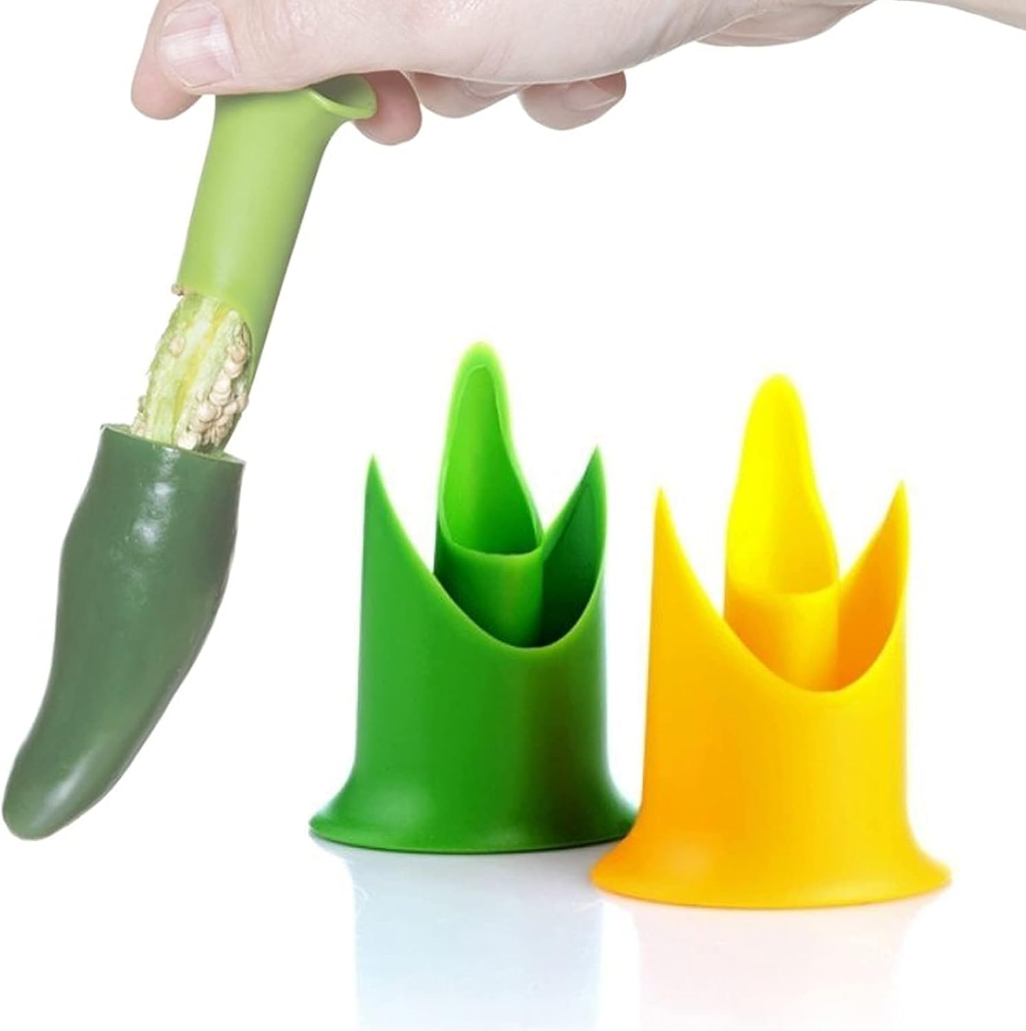 Zestaw 2 wykrawaczy do papryki i pomidorów, plastikowe akcesoria kuchenne do owoców i warzyw, ułatwiające usuwanie pestek (zielony)