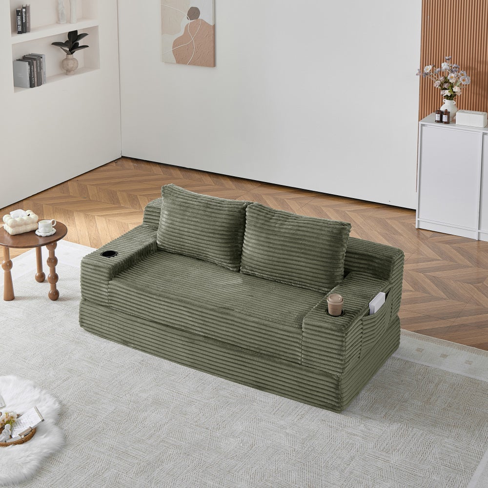 Kanapa sofa rozkładana 2-osobowa 2 w 1 ze sztruksu, 2 poduszki, uchwyty na kubki i kieszenie boczne
