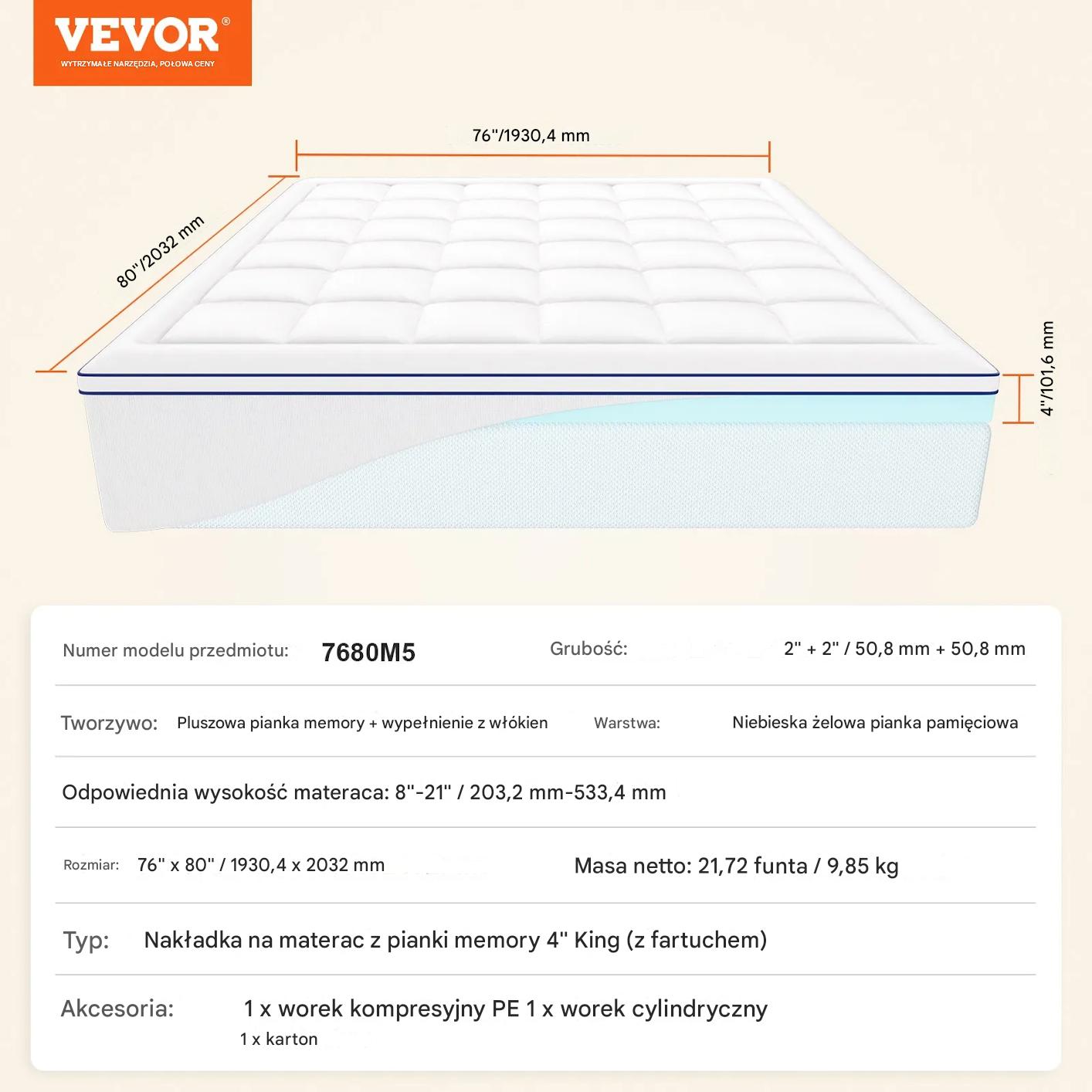 Topper na materac king memory foam 193x203x10cm premium komfort snu