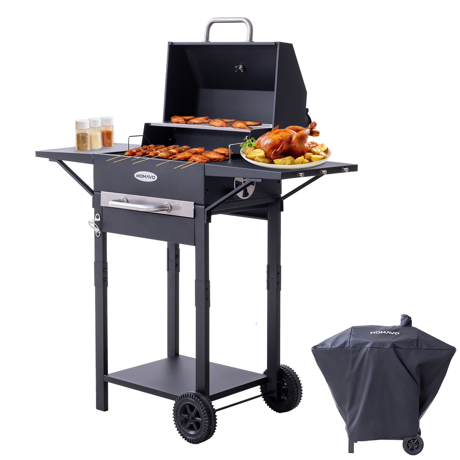 Grill Węglowy, Powierzchnia Grzewcza: 45×32 cm, Emaliowany Ruszt Główny, Półką do Podgrzewania, Termometrem, Kominem, Pokrowiec Ochronny HOMAVO
