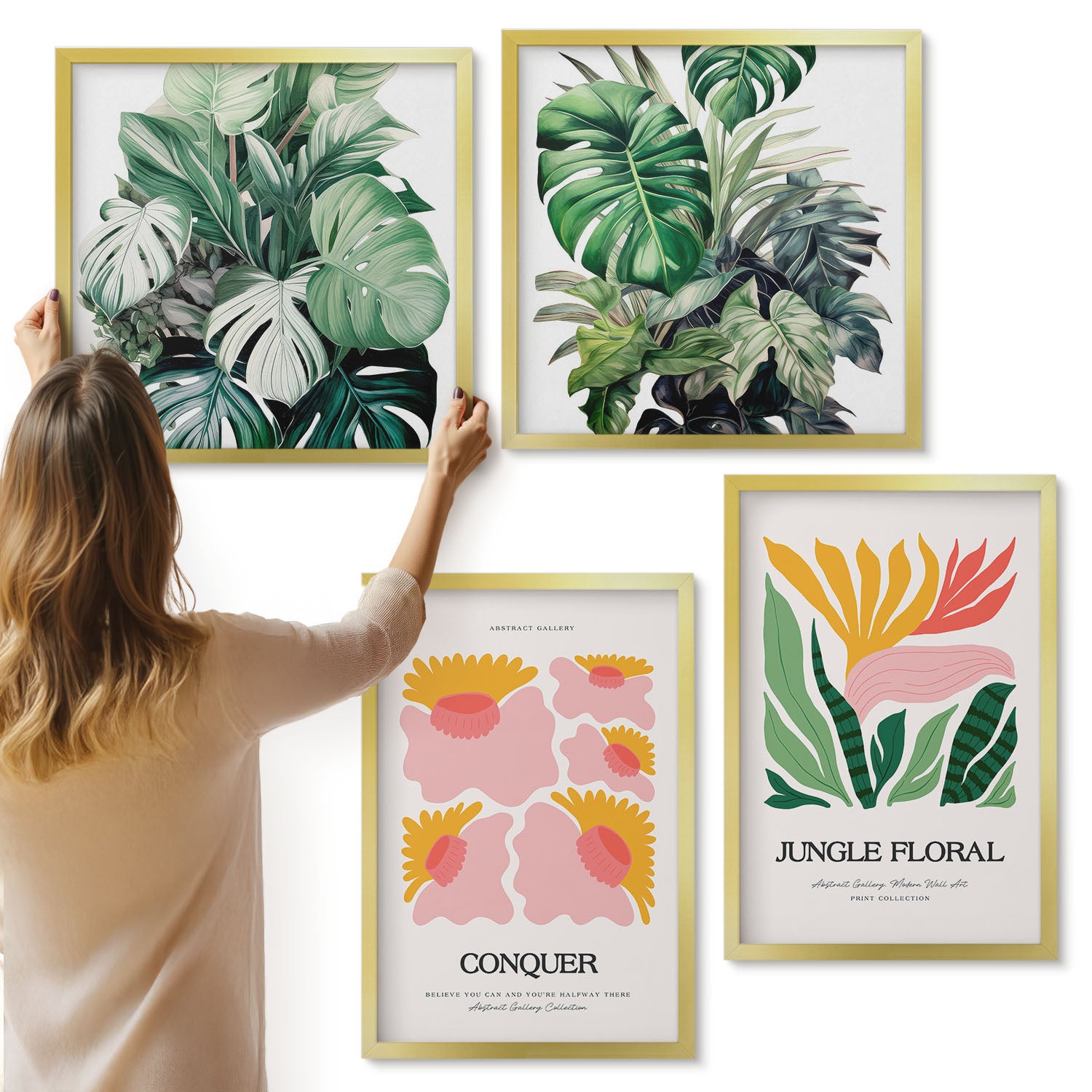 Galeria ścienna 4-częściowy komplet obrazów w złotych ramach - Kwiaty i liście w stylu nowoczesnym postery - ArtPrintCave