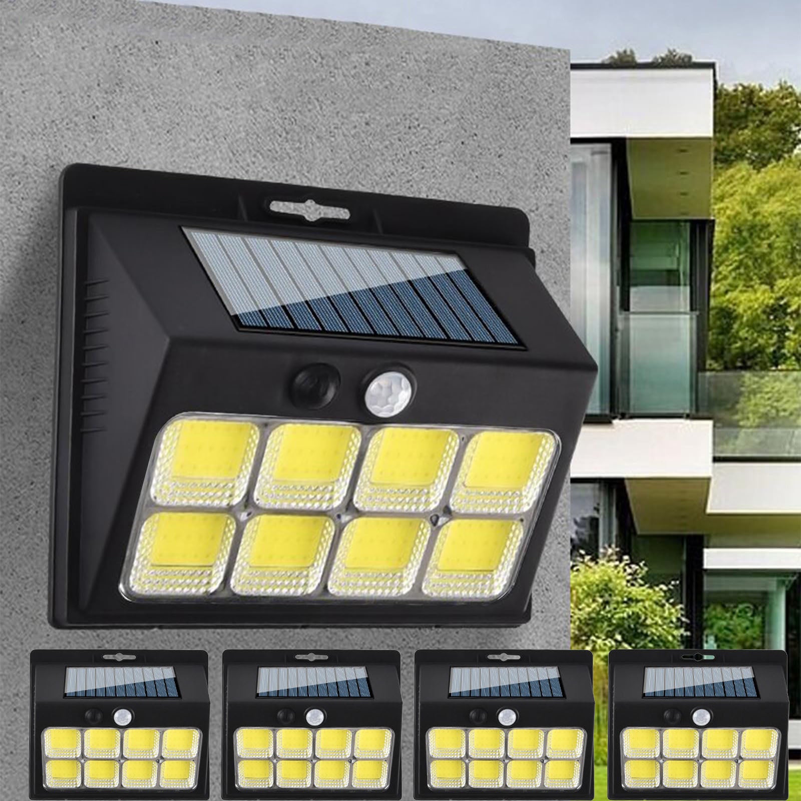 Zewnętrzna solarna lampa ścienna, zestaw 4 lamp bezpieczeństwa z czujnikiem ruchu COB 120, 3 tryby, wodoodporna solarna lampa ścienna