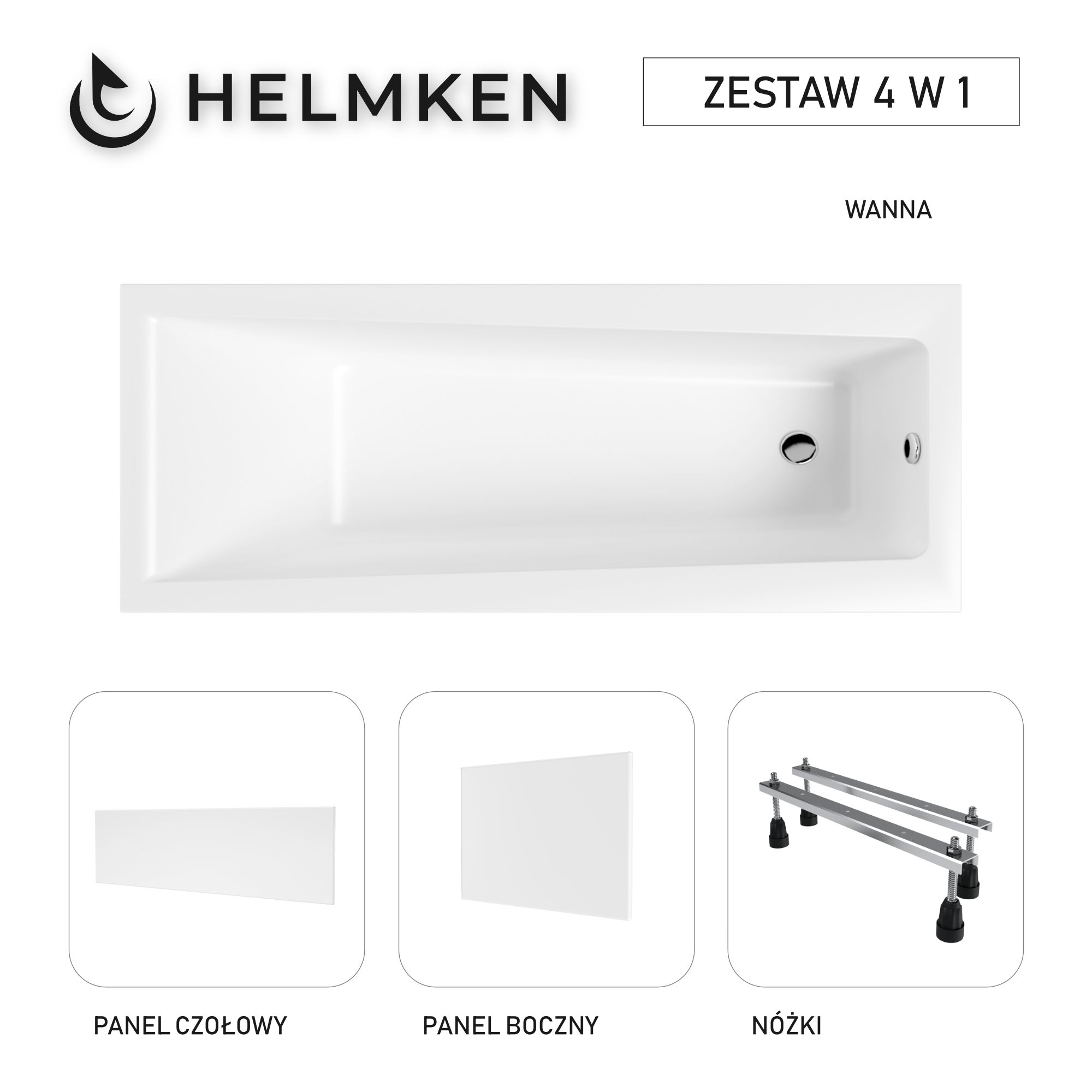 Wanna akrylowa Helmken Versailles 170x75 ze wzmocnionym korpusem + Panel czołowy i boczny Biały + Nóżki / 35070075ZW
