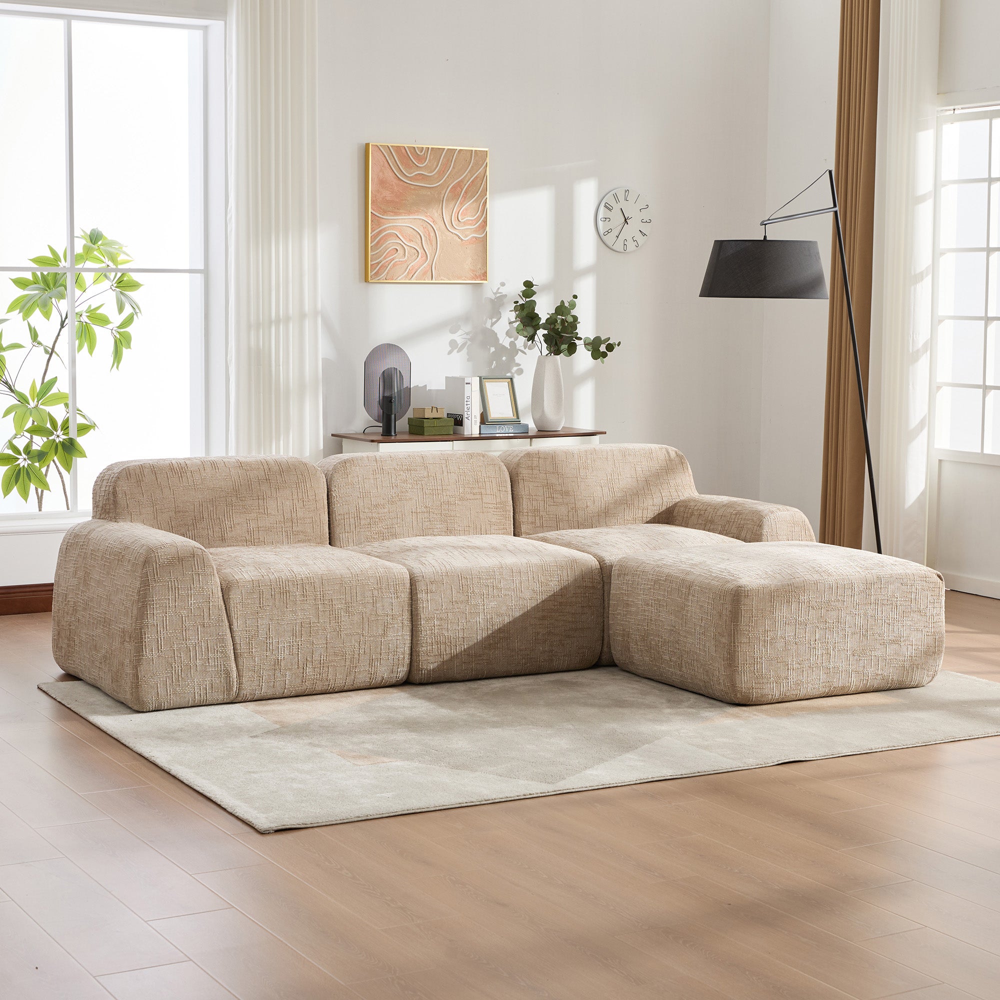 Modułowa sofa kompresyjna wykonana z tkaniny szenilowej wypełniona pianką wysokoelastyczną 30D. Łatwe do przenoszenia i z antypoślizgową podstawą