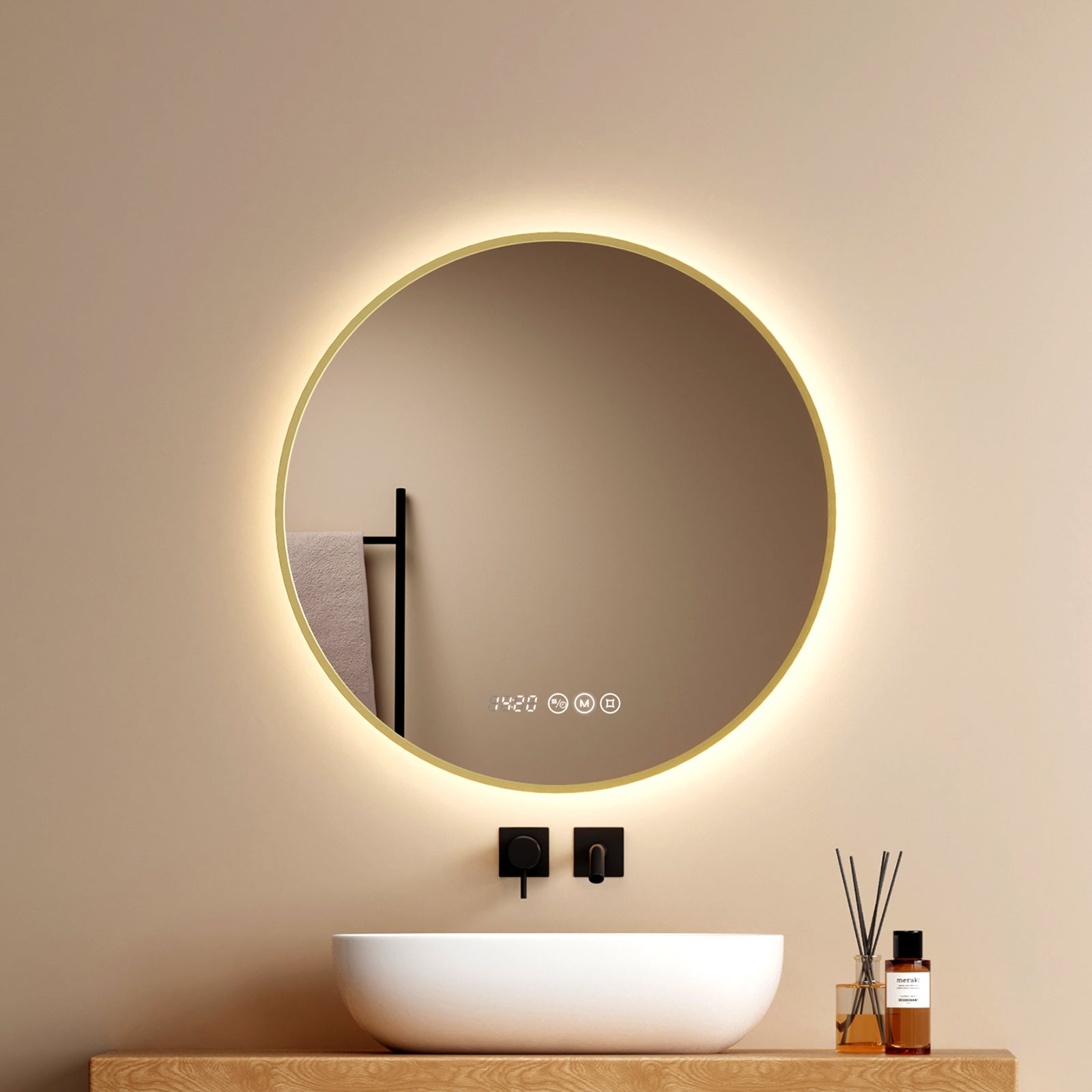 EMKE Lustro łazienkowe LED okrągłe 60 cm - Złota rama - Przeciwmgielne, 3 barwy światła, ściemniane, zegar, funkcja pamięci