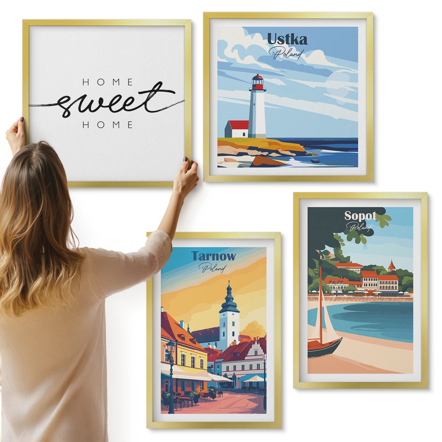 Galeria ścienna 4-częściowy komplet obrazów w złotych ramach - Widoki miast Polski Ustka Tarnów Sopot - ArtPrintCave