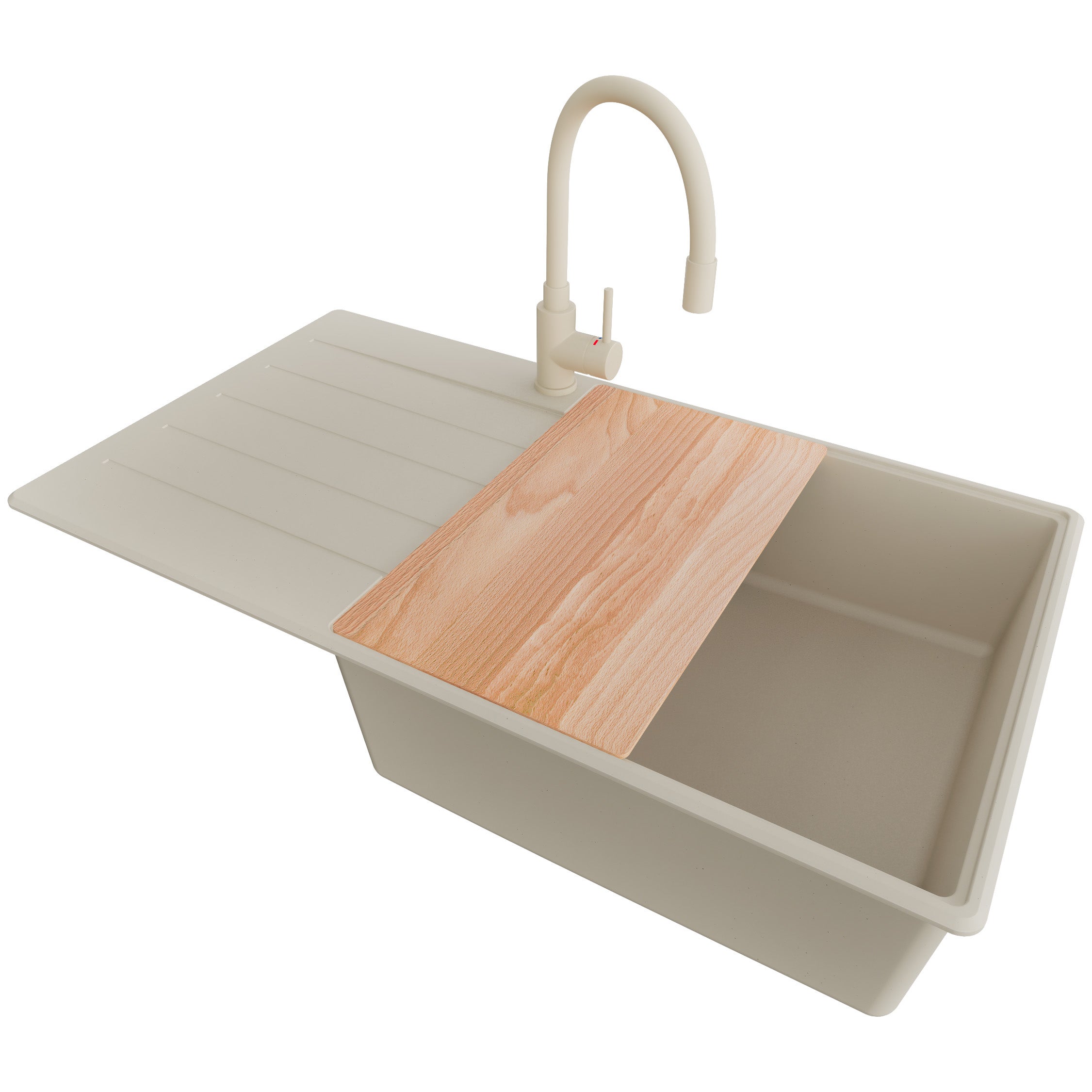 Zlewozmywak Granitowy Beżowy 90x50cm, Zlew Kuchenny 1 Komorowy + Bateria 38x14cm + Syfon + Deska, Nablatowy do szafki od 60cm - Kopenhaga PRIMAGRAN