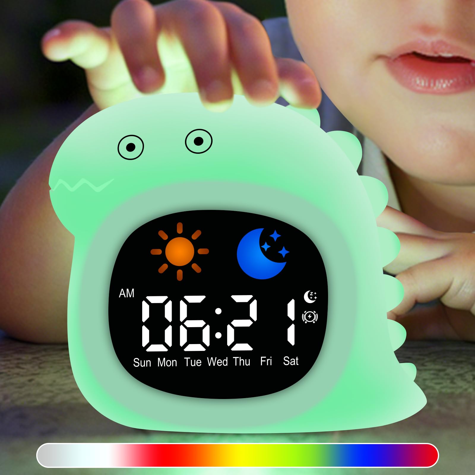 Budzik dla dzieci z lampką nocną, funkcją drzemki, wyświetlaniem daty, 1800 mAh, 5 poziomami głośności, 6 rodzajami białego szumu