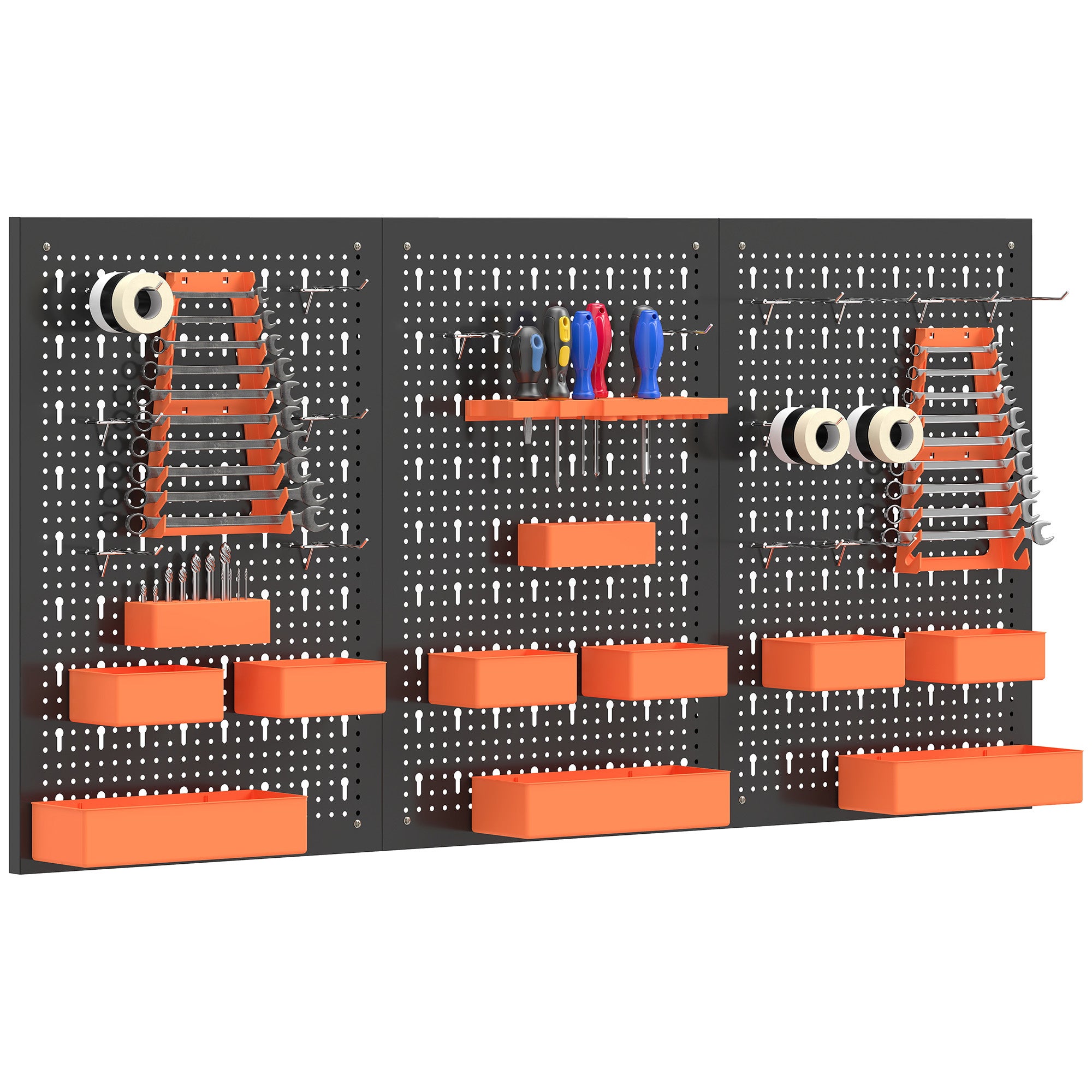 33-częściowy organizer ścienny na narzędzia, 120x60 cm, z haczykami, pojemnikami i półkami, w kolorze czarno-pomarańczowym