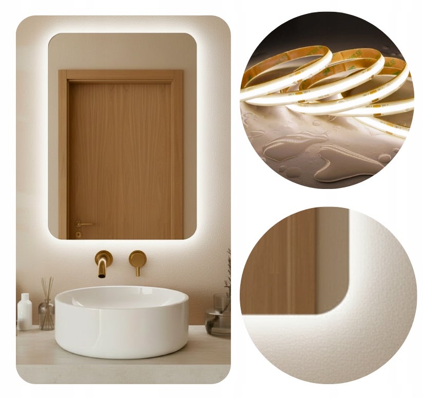 Lustro Led 60x90 cm Zaokrąglone Rogi Podświetlane Ledowe + COB 480 Diod/M