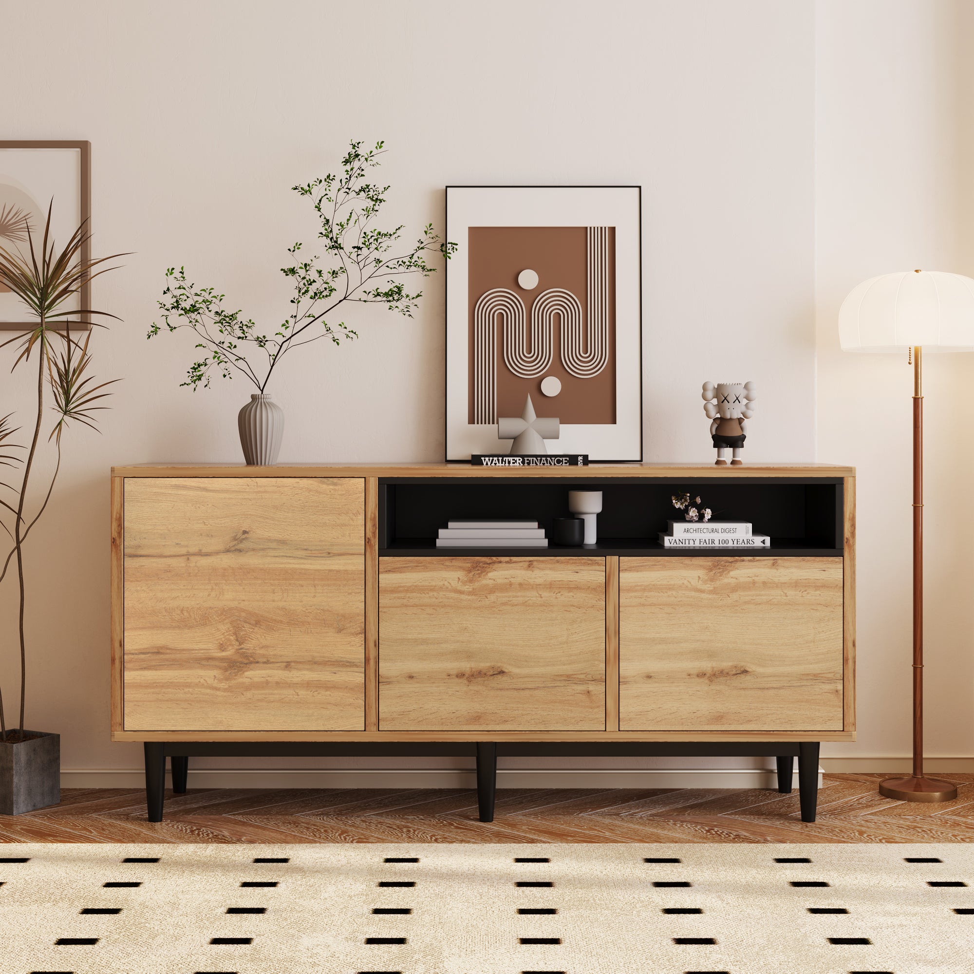 Sideboard z dreoma drzwiami i regałami - czarne drewno - 160x35x76 cm - easy montaż