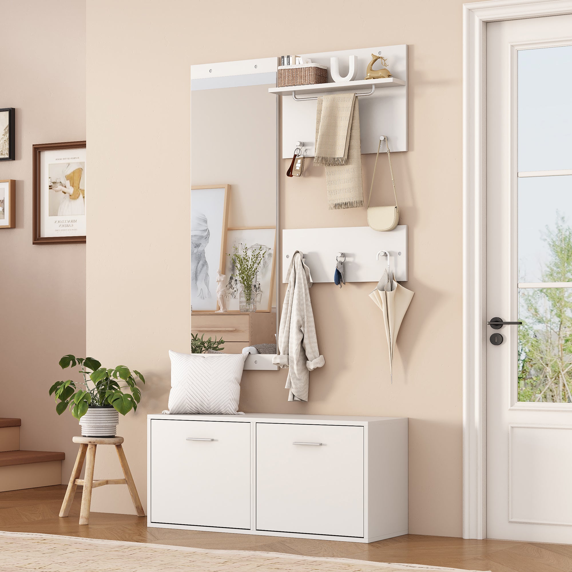 Zestaw szaf do przedpokoju 90 x 30 x 41,5 cm - z 2 wieszakami ściennymi - szafką na buty - z lustrem i 6 haczykami - biały