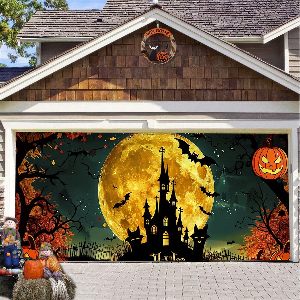 Baner na drzwi garażowe na Halloween z dyniowym zamkiem w stylu horroru, wodoodporne tło z tkaniny do dekoracji na imprezę na świeżym powietrzu