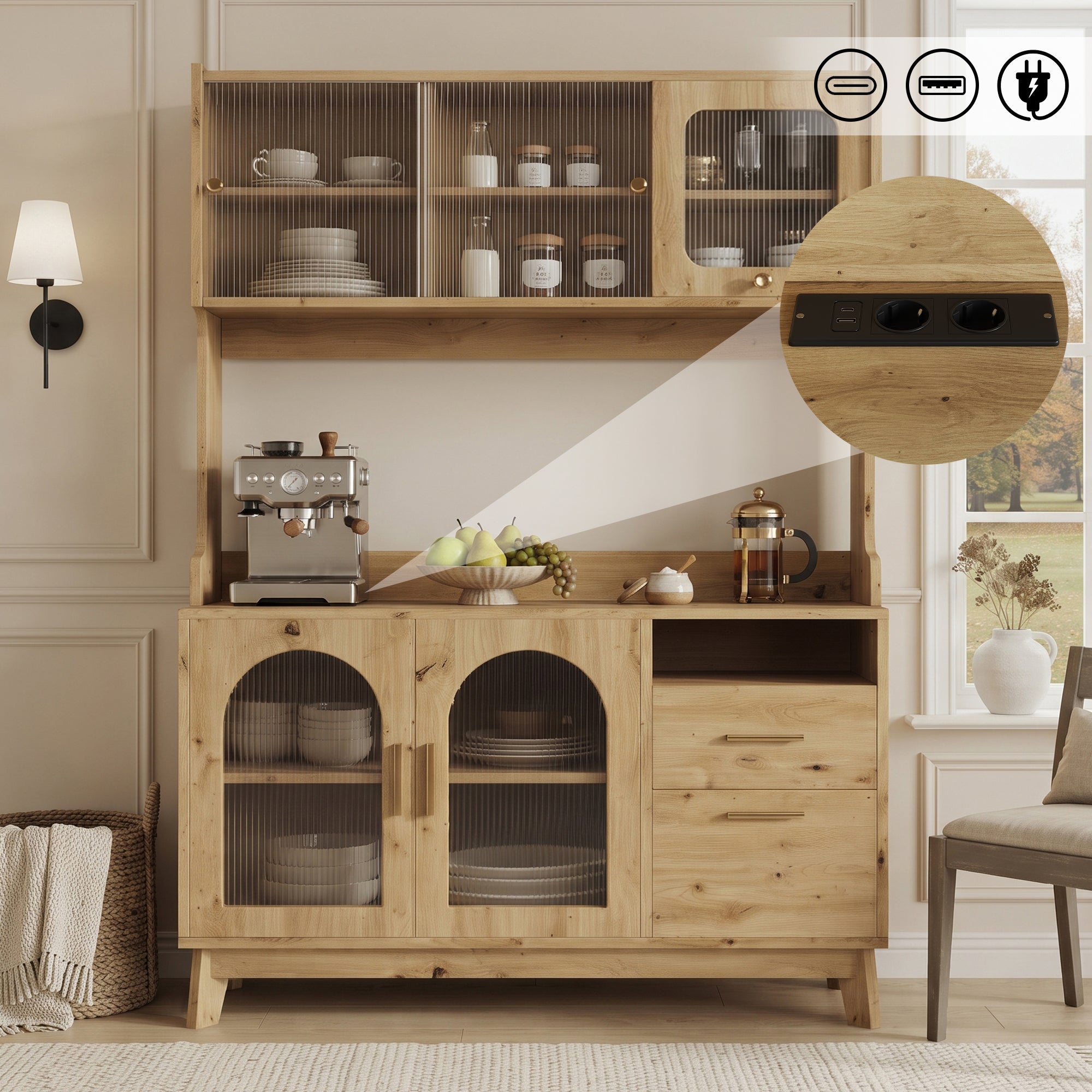 Komoda wysoka 120x40x178 cm - 6 drzwi i 1 szuflada - Przechowywanie na wielu poziomach - Gniazdko elektryczne i port USB - Naturalna