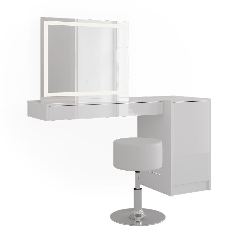 Vicco Stół do toalety Sherry, Biały, 140.2 cm z lustrem LED, taboretem i modułem z drzwiami