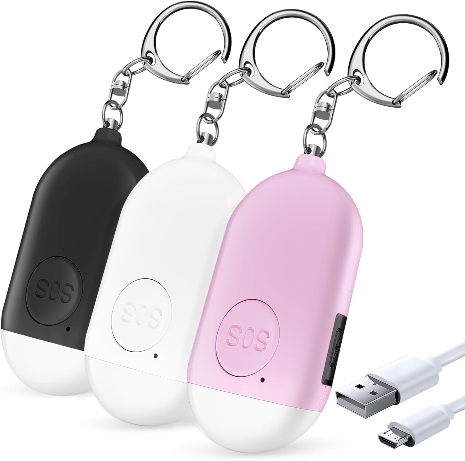 Zestaw 3 osobistych alarmów – breloczek do samoobrony 130 dB z mini latarką LED – dla kobiet, dzieci i osób starszych