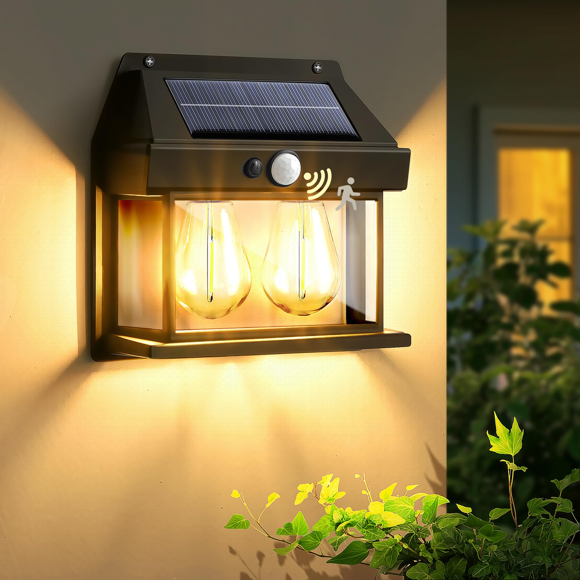 Zewnętrzne solarne lampy ścienne z podwójną żarówką, czujnik ruchu od zmierzchu do świtu, wodoodporne oświetlenie werandy z 3 trybami