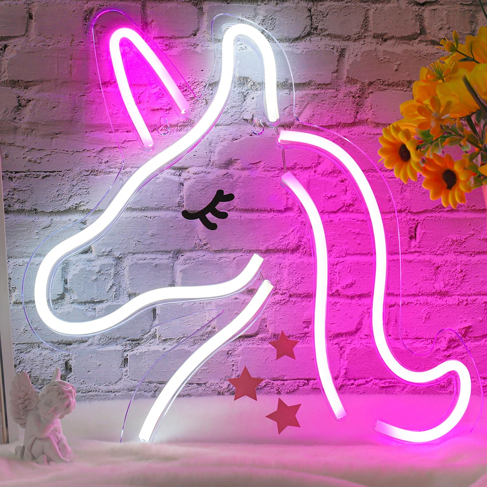 Neon Jednorożec, zasilany przez USB, różowy panel LED Jednorożec do pokoju, na ścianę, na imprezę, dekoracja pokoju, 32 x 32 cm
