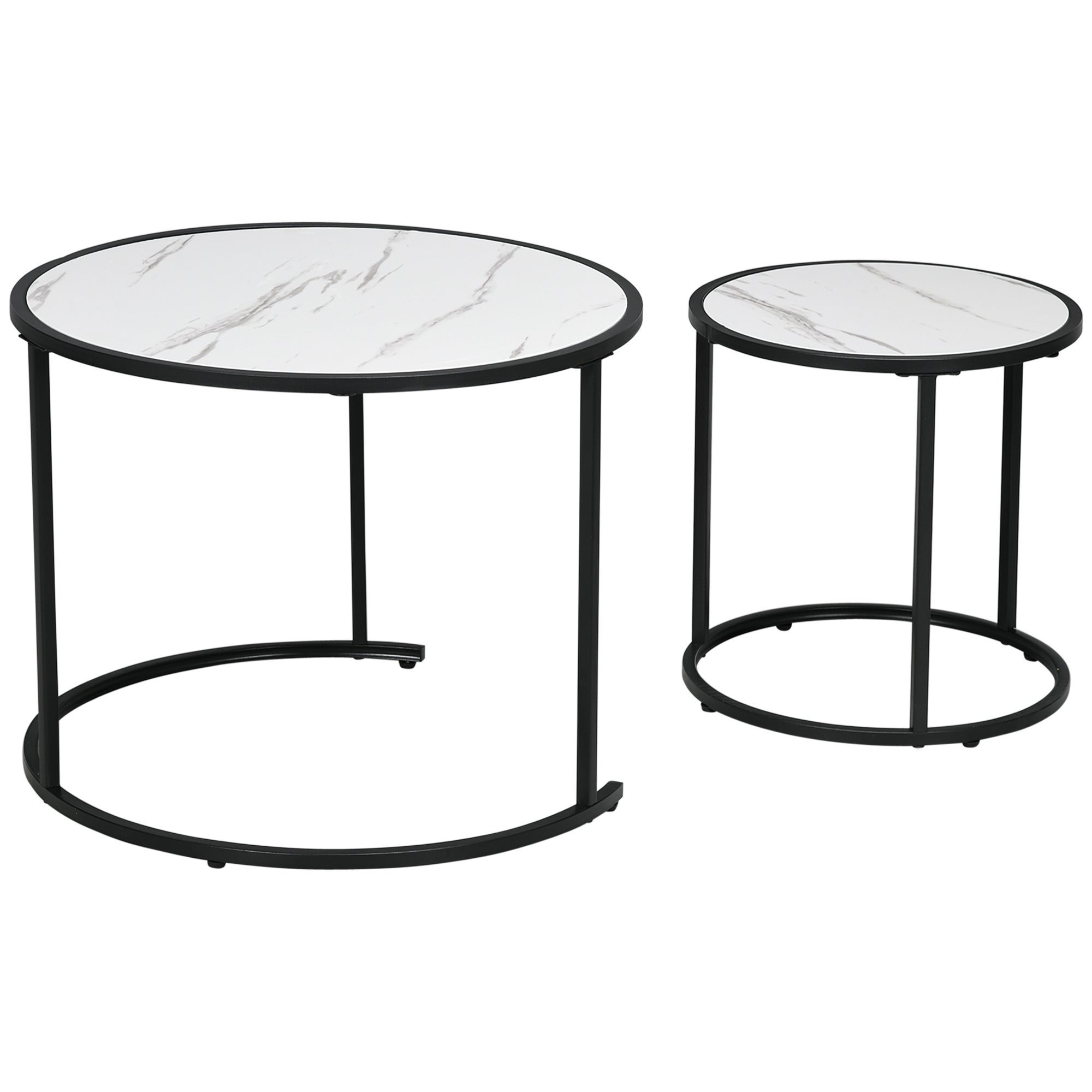 Zestaw z 2 Stackable Okrągły Boczny Stoły Nesting Stoły z Marble-Effect Blat Ø60x46 cm i Ø40x40 cm Biały